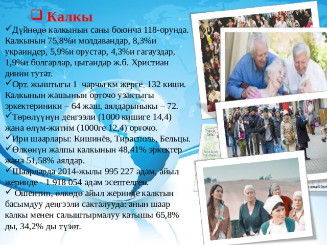 Дүйнөдө калкынын саны боюнча 118-орунда. Калкынын 75,8%и молдавандар, 8,3%и украиндер, 5,9%и орустар, 4,3%и гагауздар, 1,9%и болгарлар, цыгандар ж.б. Христиан динин тутат. Орт. жыштыгы 1 чарчы км жерге 132 киши. Калкынын жашынын орточо узактыгы эркектериники – 64 жаш, аялдарыныкы – 72. Төрөлүүнүн деңгээли (1000 кишиге 14,4) жана өлүм-житим (1000ге 12,4) орточо. Ири шаарлары: Кишинёв, Тирасполь, Бельцы. Өлкөнүн жалпы калкынын 48,41% эркектер жана 51,58% аялдар. Шаарларда 2014-жылы 995 227 адам, айыл жеринде - 1 918 054 адам эсептелген.  Ошентип, өлкөдө айыл жеринде калктын басымдуу деңгээли сакталууда: анын шаар калкы менен салыштырмалуу катышы 65,8% ды, 34,2% ды түзөт. Калкы  
