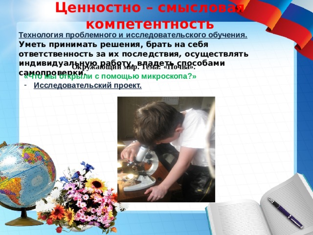 Ценностно – смысловая компетентность   Технология проблемного и исследовательского обучения. Уметь принимать решения, брать на себя ответственность за их последствия , осуществлять индивидуальную работу, владеть способами самопроверки.    Окружающий мир. Тема: «Почва». «Что мы открыли с помощью микроскопа?» Исследовательский проект.   