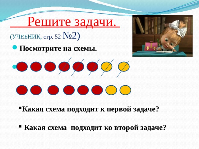  Решите задачи.  (УЧЕБНИК, стр. 52 №2)   Посмотрите на схемы. 11   Какая схема подходит к первой задаче?   Какая схема подходит ко второй задаче? 