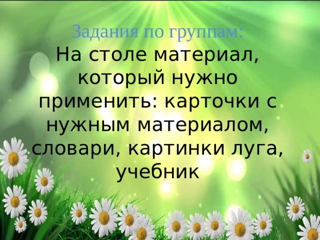 Задания по группам:  На столе материал, который нужно применить: карточки с нужным материалом, словари, картинки луга, учебник 