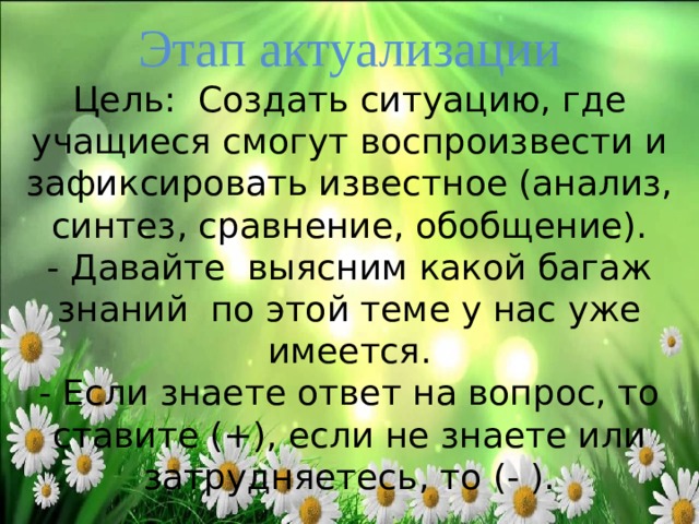 Этап актуализации  Цель: Создать ситуацию, где учащиеся смогут воспроизвести и зафиксировать известное (анализ, синтез, сравнение, обобщение).  - Давайте выясним какой багаж знаний по этой теме у нас уже имеется.  - Если знаете ответ на вопрос, то ставите (+), если не знаете или затрудняетесь, то (- ).   