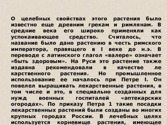 О целебных свойствах этого растения было известно еще древним грекам и римлянам. В средние века его широко применяли как успокаивающее средство. Считалось, что название было дано растению в честь римского императора, правящего в I веке до н.э. В переводе с латинского глагол «валере» означает «быть здоровым». На Руси это растение также издавна рекомендовали в качестве ле­карственного растения. Но промышленное использование ее нача­лось при Петре I . Он повелел выращивать лекарственные растения, в том числе и это, в специально созданных для нужд военных госпиталей «аптекарских огородах». По приказу Петра 1 такие по­садки лекарственных растений были созданы во многих крупных городах России. В лечебных целях используется корневище растения, имеющее характерный запах. Очевидно, что некоторые свойства этого растения способствова­ли возникновению народных названий: кошачья трава, кошачий корень, ладаница, земляной ладан.  