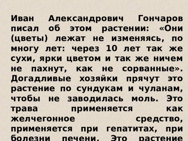 Иван Александрович Гончаров писал об этом растении: «Они (цветы) лежат не изменяясь, по многу лет: через 10 лет так же сухи, ярки цветом и так же ничем не пахнут, как не сорванные». Догадливые хозяйки прячут это растение по сундукам и чуланам, чтобы не заводилась моль. Это трава применяется как желчегонное средство, применяется при гепатитах, при болезни печени. Это растение растёт во многих местах: в России, на Кавказе, Австралии, на Мадагаскаре.  