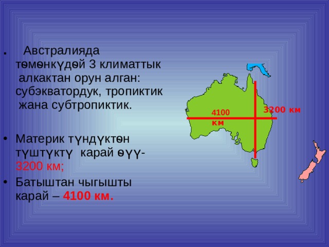  . Австралияда тѳмѳнкүдѳй 3 климаттык алкактан орун алган: субэкватордук, тропиктик жана субтропиктик. Материк түндүктѳн түштүктү карай ѳүү-  3200 км; Батыштан чыгышты карай –  4100 км.     3200 км 4100 км 