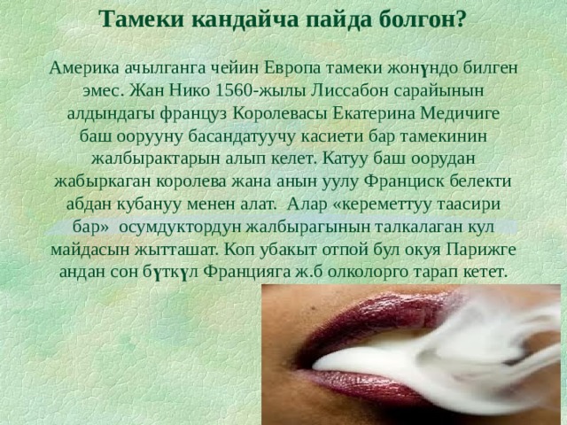                 Тамеки кандайча пайда болгон?   Америка ачылганга чейин Европа тамеки жон ү ндо билген эмес. Жан Нико 1560-жылы Лиссабон сарайынын алдындагы француз Королевасы Екатерина Медичиге баш оорууну басандатуучу касиети бар тамекинин жалбырактарын алып келет. Катуу баш оорудан жабыркаган королева жана анын уулу Франциск белекти абдан кубануу менен алат. Алар «кереметтуу таасири бар» осумдуктордун жалбырагынын талкалаган кул майдасын жытташат. Коп убакыт отпой бул окуя Парижге андан сон б ү тк ү л Францияга ж.б олколорго тарап кетет. 