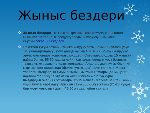 Жыныс бездери   Жыныс бездери  - жыныс айырмасын көрсөтүүчү жана ошол жыныстарга таандык продуктуларды чыгаруучу ички жана сырткы  секреция   бездери . Эркектин тукум безинин тышка чыгуучу заты - анын ийрилген урук түтүкчөлөрүндөгү тукум пайда кылма эпителий болуп чыгаруучу эркек клеткалары (сперматозоиддер). Сперматозоиддер 15 жаштан пайда болуп, 55-60 жашка чейин сакталат. Аялдын урук безинин тышка чыкма заты - энелик клеткалар. Алар аялдын тукум безинин кыртыш клеткаларында (фолликулаларда) өсүп жетилет. Жаңы төрөлгөн кыздардын тукум безинин кыртыш катмарында миңдеген алгачкы фолликулалар өсүп жетилбестен жоголуп турат. Кыздардын энелик клеткалары 12-15 жаштан жетиле баштан, кийин уруктанууга жарамдууларынын саны 300-500гө жетип (21-28 күндө бир жолу жетилип турат), 45-50 жашка чейин сакталат. 