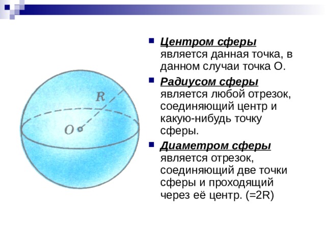 Центром сферы является данная точка, в данном случаи точка О. Радиусом сферы является любой отрезок, соединяющий центр и какую-нибудь точку сферы. Диаметром сферы является отрезок, соединяющий две точки сферы и проходящий через её центр. (=2 R )  
