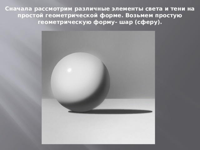 Сначала рассмотрим различные элементы света и тени на простой геометрической форме. Возьмем простую геометрическую форму- шар (сферу). 