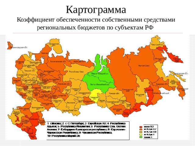 Картограмма  Коэффициент обеспеченности собственными средствами региональных бюджетов по субъектам РФ 