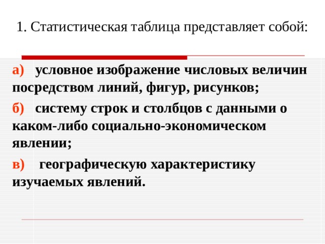                                1. Статистическая таблица представляет собой:   а) условное изображение числовых величин посредством линий, фигур, рисунков; б) систему строк и столбцов с данными о каком-либо социально-экономическом явлении; в) географическую характеристику изучаемых явлений. 