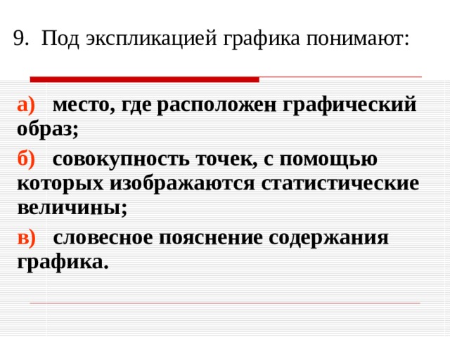 9. Под экспликацией графика понимают: а) место, где расположен графический образ; б) совокупность точек, с помощью которых изображаются статистические величины; в) словесное пояснение содержания графика. 