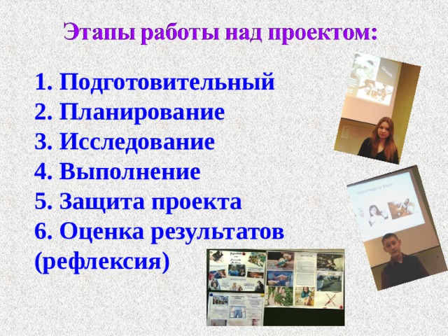 1. Подготовительный  2. Планирование  3. Исследование  4. Выполнение  5. Защита проекта  6. Оценка результатов (рефлексия) 