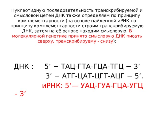 Нуклеотидную последовательность транскрибируемой и смысловой цепей ДНК также определяем по принципу комплементарности (на основе найденной иРНК по принципу комплементарности строим транскрибируемую ДНК, затем на её основе находим смысловую. В молекулярной генетике принято смысловую ДНК писать сверху, транскрибируему - снизу ):     ДНК : 5’ − ТАЦ-ГТА-ГЦА-ТГЦ − 3’  3’ − АТГ-ЦАТ-ЦГТ-АЦГ − 5’.  иРНК: 5’— УАЦ-ГУА-ГЦА-УГЦ - 3’ 