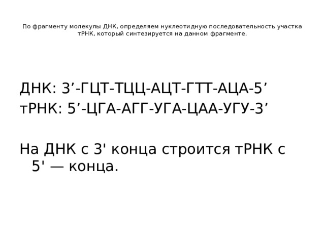 По фрагменту молекулы ДНК, определяем нуклеотидную последовательность участка тРНК, который синтезируется на данном фрагменте.     ДНК: 3’-ГЦТ-ТЦЦ-АЦТ-ГТТ-АЦА-5’ тРНК: 5’-ЦГА-АГГ-УГА-ЦАА-УГУ-3’   На ДНК с 3' конца строится тРНК с 5' — конца. 