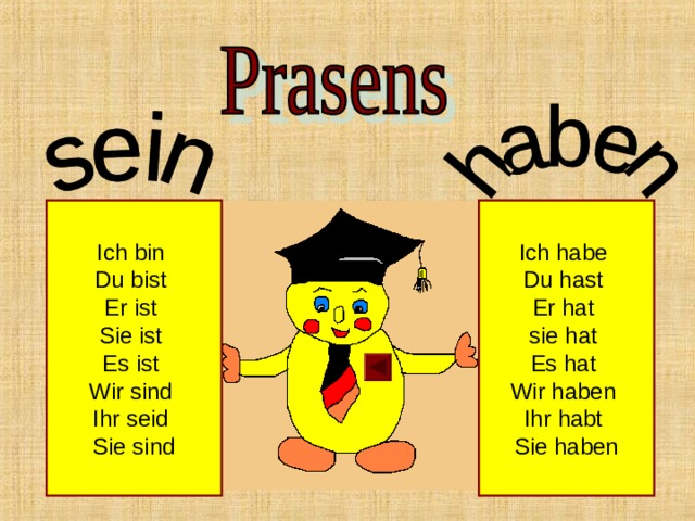 Ich bin Du bist Er ist Sie ist Es ist Wir sind Ihr seid Sie sind Ich habe Du hast Er hat sie hat Es hat Wir haben Ihr habt Sie haben 