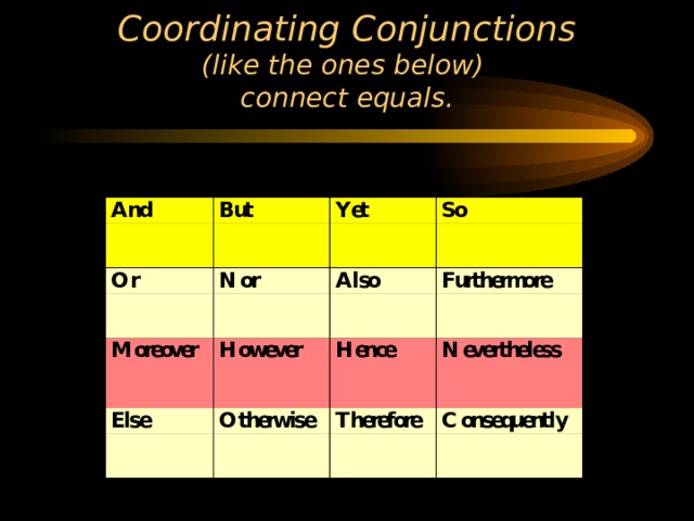 Coordinating Conjunctions  (like the ones below)  connect equals. 