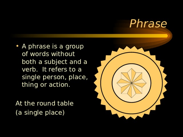 A phrase is a group of words without both a subject and a verb. It refers to a single person, place, thing or action.  At the round table (a single place) 