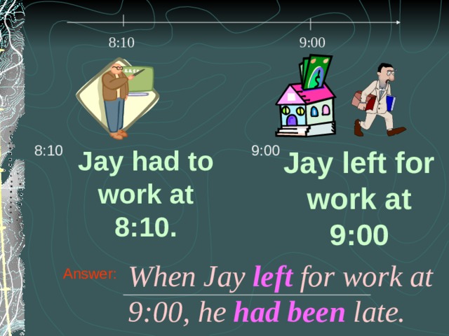 8:10 9:00 8:10 9:00 Jay had to work at 8:10. Jay left for work at 9:00 When Jay left for work at 9:00, he had been late. Answer: 
