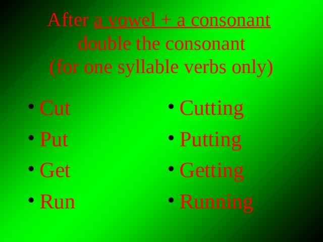After a vowel + a consonant   double the consonant  (for one syllable verbs only) Cut Put Get Run Cutting Putting Getting Running  