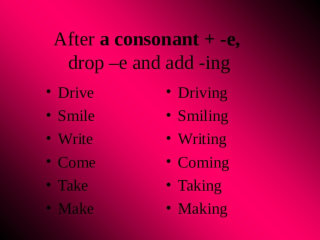 After a consonant + -e,   drop –e and add -ing Drive Smile Write Come Take Make  Driving Smiling Writing Coming Taking Making   