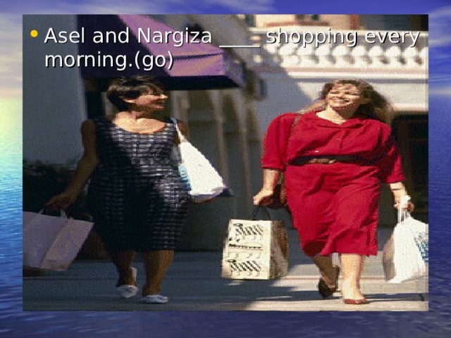 Asel and Nargiza ____ shopping every morning.(go) 