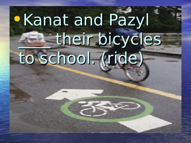 Kanat and Pazyl ____ their bicycles to school. (ride) 