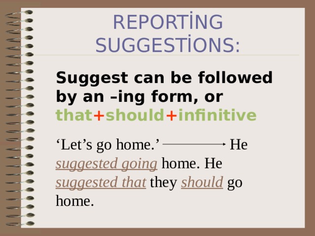 REPORTİNG SUGGESTİONS: Suggest can be followed by an –ing form, or that + should + infinitive ‘ Let’s go home.’ He suggested going home. He suggested that they  should go home. 