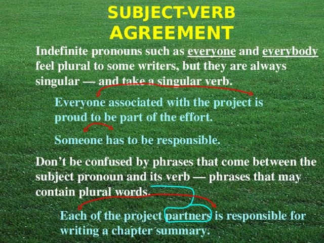 Indefinite pronouns such as everyone and everybody feel plural to some writers, but they are always singular — and take a singular verb.   Everyone associated with the project is proud to be part of the effort. Someone has to be responsible. Don’t be confused by phrases that come between the subject pronoun and its verb — phrases that may contain plural words. Each of the project partners is responsible for writing a chapter summary. 