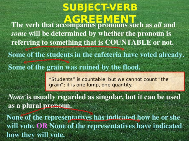 The verb that accompanies pronouns such as all and some will be determined by whether the pronoun is referring to something that is COUNTABLE or not. Some of the students in the cafeteria have voted already. Some of the grain was ruined by the flood. “ Students” is countable, but we cannot count “the grain”; it is one lump, one quantity. None is usually regarded as singular, but it can be used as a plural pronoun. None of the representatives has indicated how he or she will vote. OR None of the representatives have indicated how they will vote. 