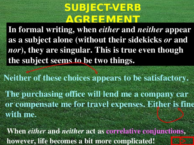 In formal writing, when either and neither appear as a subject alone (without their sidekicks or and nor ), they are singular. This is true even though the subject seems to be two things. Neither of these choices appears to be satisfactory. The purchasing office will lend me a company car or compensate me for travel expenses. Either is fine with me . When either and neither act as  correlative conjunctions , however, life becomes a bit more complicated! 