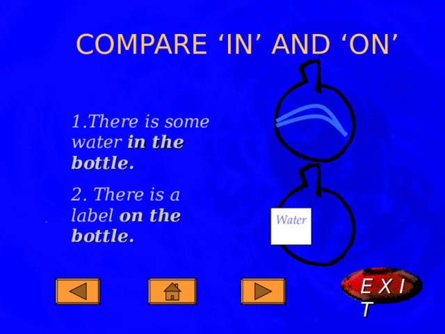 COMPARE ‘IN’ AND ‘ON’ 1. There is some water in the bottle. 2. There is a label on the bottle. . Water  E X I T  