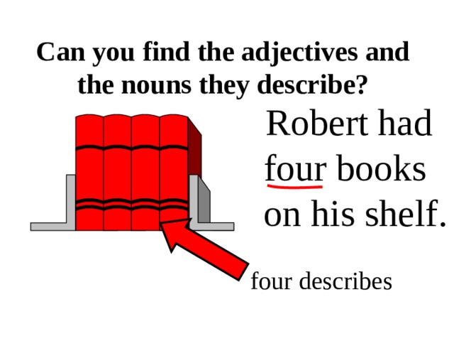 Can you find the adjectives and the nouns they describe?  Robert had four books on his shelf. four describes 