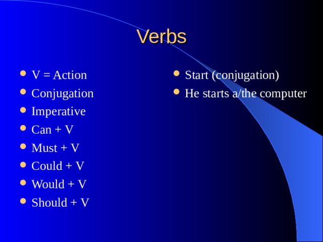 V = Action Conjugation Imperative Can + V Must + V Could + V Would + V Should + V  Start (conjugation) He starts a/the computer 