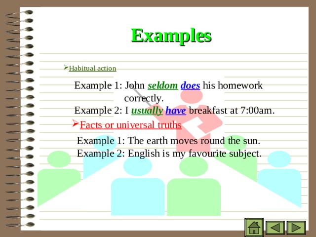 Examples Habitual action Habitual action Habitual action             Example 1: John seldom  does his homework  correctly. Example 2: I usually  have breakfast at 7:00am. Example 1: John seldom  does his homework  correctly. Example 2: I usually  have breakfast at 7:00am. Example 1: John seldom  does his homework  correctly. Example 2: I usually  have breakfast at 7:00am. Facts or universal truths Facts or universal truths Facts or universal truths Example 1: The earth moves round the sun. Example 2: English is my favourite subject. Example 1: The earth moves round the sun. Example 2: English is my favourite subject. Example 1: The earth moves round the sun. Example 2: English is my favourite subject. 