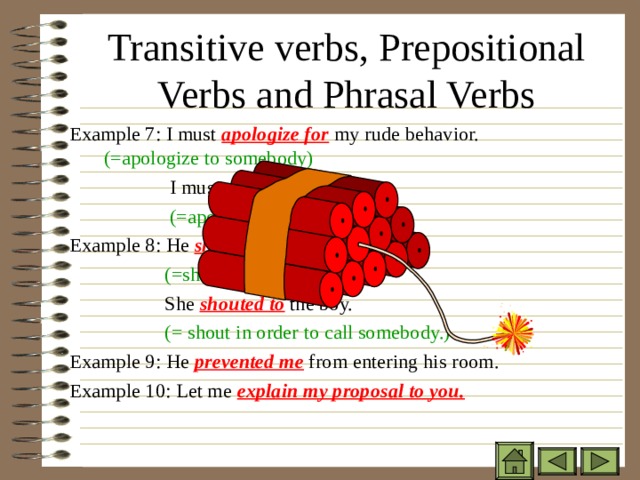 Transitive verbs, Prepositional Verbs and Phrasal Verbs Example 7: I must apologize for my rude behavior.    (=apologize to somebody)  I must apologize to her.  (=apologize to somebody) Example 8: He shouted at the boy .  (=shout aggressively)  She shouted to the boy.  (= shout in order to call somebody.) Example 9: He prevented me from entering his room. Example 10: Let me explain my proposal to you. Example 7: I must apologize for my rude behavior.    (=apologize to somebody)  I must apologize to her.  (=apologize to somebody) Example 8: He shouted at the boy .  (=shout aggressively)  She shouted to the boy.  (= shout in order to call somebody.) Example 9: He prevented me from entering his room. Example 10: Let me explain my proposal to you. Example 7: I must apologize for my rude behavior.    (=apologize to somebody)  I must apologize to her.  (=apologize to somebody) Example 8: He shouted at the boy .  (=shout aggressively)  She shouted to the boy.  (= shout in order to call somebody.) Example 9: He prevented me from entering his room. Example 10: Let me explain my proposal to you. 