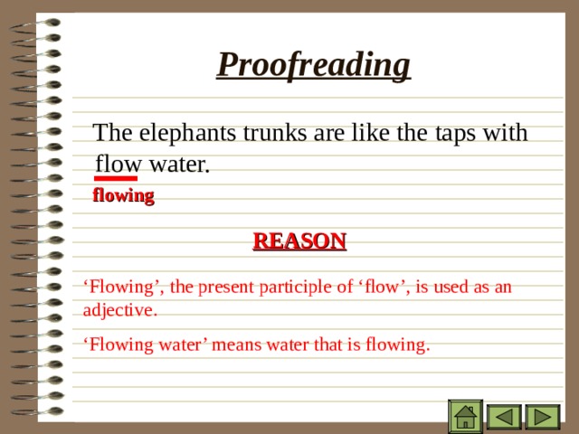 Proofreading  The elephants trunks are like the taps with flow water. flowing REASON ‘ Flowing’, the present participle of ‘flow’, is used as an adjective. ‘ Flowing water’ means water that is flowing. 