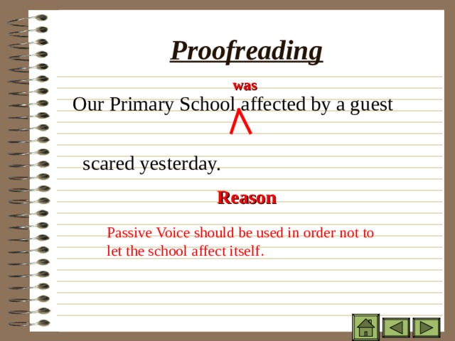 Proofreading was  Our Primary School affected by a guest  scared yesterday. Reason Passive Voice should be used in order not to let the school affect itself. 