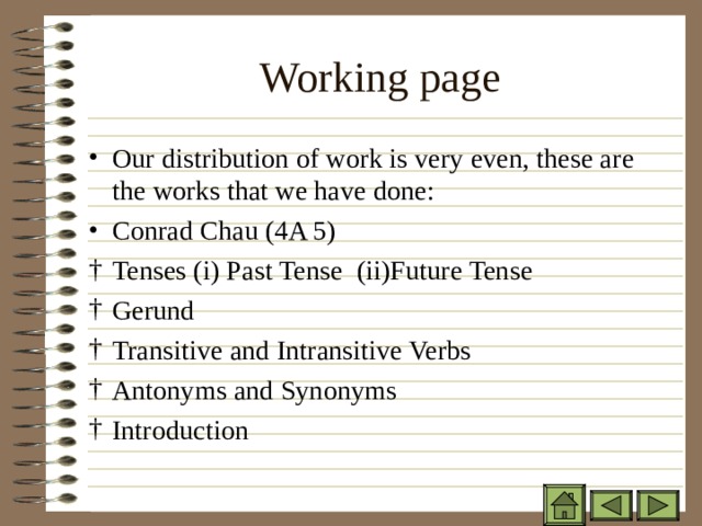 Working page Our distribution of work is very even, these are the works that we have done: Conrad Chau (4A 5) Tenses (i) Past Tense (ii)Future Tense Gerund Transitive and Intransitive Verbs Antonyms and Synonyms Introduction 