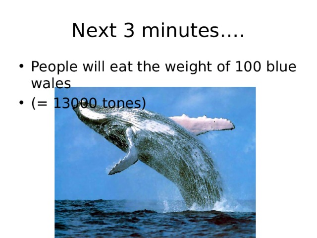 Next 3 minutes…. People will eat the weight of 100 blue wales (= 13000 tones) 