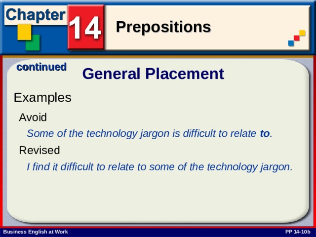 continued General Placement Examples Avoid Some of the technology jargon is difficult to relate to .  Revised I find it difficult to relate to some of the technology jargon.  PP 14-10b 