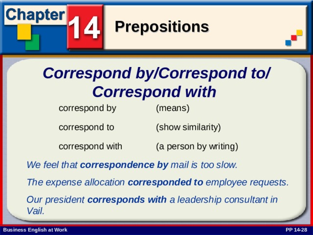 Correspond by/Correspond to/ Correspond with We feel that correspondence by mail is too slow. The expense allocation corresponded to employee requests. Our president corresponds with a leadership consultant in Vail. PP 14-28 