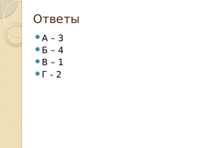 Ответы А – 3 Б – 4 В – 1 Г - 2 