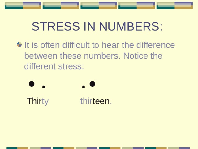 STRESS IN NUMBERS: It is often difficult to hear the difference between these numbers. Notice the different stress:                        Thir ty thir teen .  