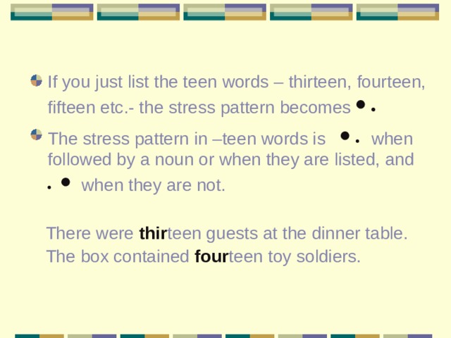 If you just list the teen words – thirteen, fourteen, fifteen etc.- the stress pattern becomes     The stress pattern in –teen words is     when followed by a noun or when they are listed, and    when they are not.  There were thir teen guests at the dinner table.  The box contained four teen toy soldiers. 