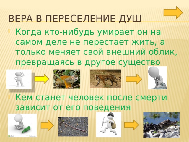 Вера в переселение душ Когда кто-нибудь умирает он на самом деле не перестает жить, а только меняет свой внешний облик, превращаясь в другое существо Кем станет человек после смерти зависит от его поведения 