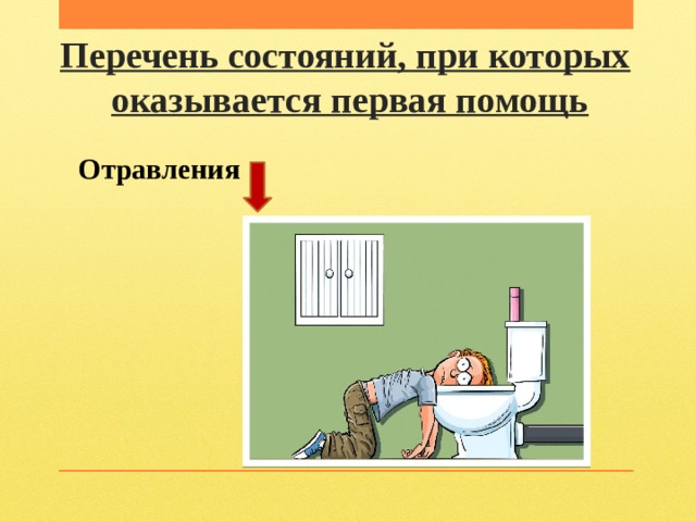 Перечень состояний, при которых   оказывается первая помощь Отравления 