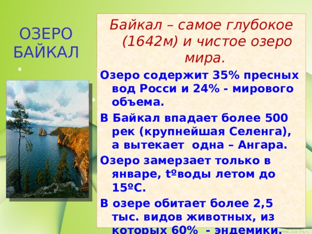 Байкал – самое глубокое (1642м) и чистое озеро мира. Озеро содержит 35% пресных вод Росси и 24% - мирового объема. В Байкал впадает более 500 рек (крупнейшая Селенга), а вытекает одна – Ангара. Озеро замерзает только в январе, t ºводы летом до 15ºС. В озере обитает более 2,5 тыс. видов животных, из которых 60% - эндемики. Главная промысловая рыба – омуль. ОЗЕРО БАЙКАЛ 