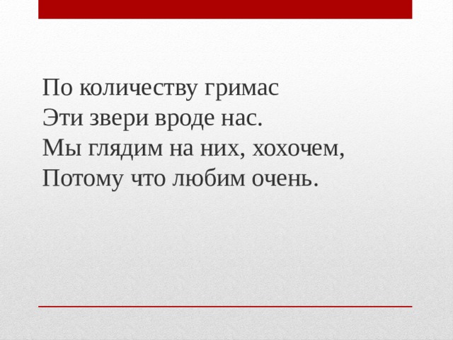 По количеству гримас  Эти звери вроде нас.  Мы глядим на них, хохочем,  Потому что любим очень. 