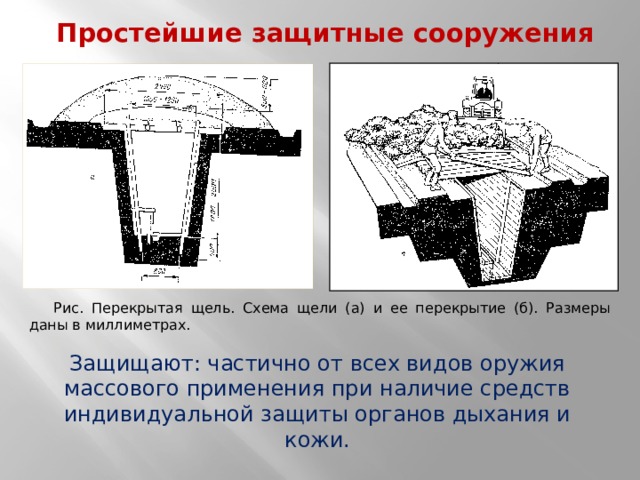 Простейшие защитные сооружения Рис. Перекрытая щель. Схема щели (а) и ее перекрытие (б). Размеры даны в миллиметрах. Защищают: частично от всех видов оружия массового применения при наличие средств индивидуальной защиты органов дыхания и кожи. 