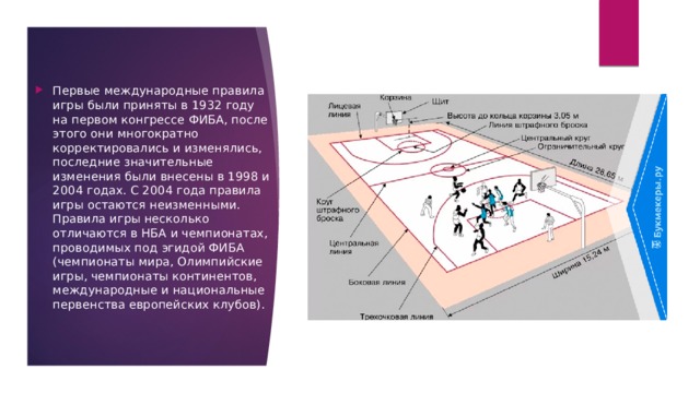Первые международные правила игры были приняты в 1932 году на первом конгрессе ФИБА, после этого они многократно корректировались и изменялись, последние значительные изменения были внесены в 1998 и 2004 годах. С 2004 года правила игры остаются неизменными. Правила игры несколько отличаются в НБА и чемпионатах, проводимых под эгидой ФИБА (чемпионаты мира, Олимпийские игры, чемпионаты континентов, международные и национальные первенства европейских клубов). 